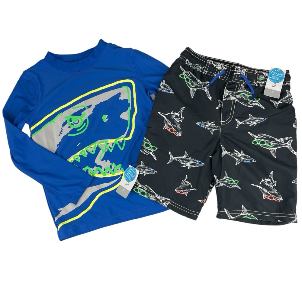Carters Boys 2 Piece Shark Long Sleeve Rashguard & Swim Trunk Swim Suit Size 7